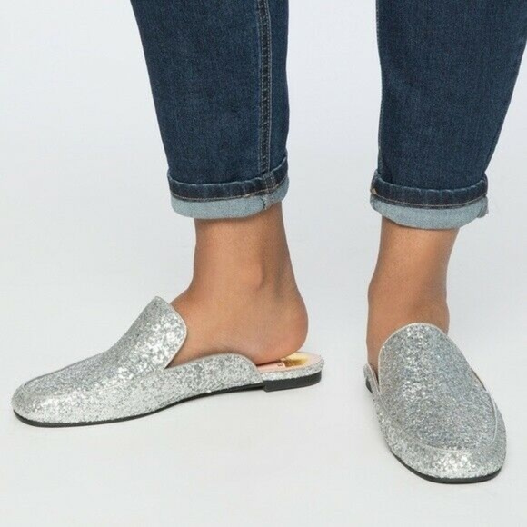 Eloquii Shoes - Eloquii Silver Slides Mules Flats Glittery Metalli